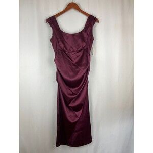 NWT Dressbarn Size 8 Midi Dress Burgundy Satin Ruched Cocktail Sheath Wedding